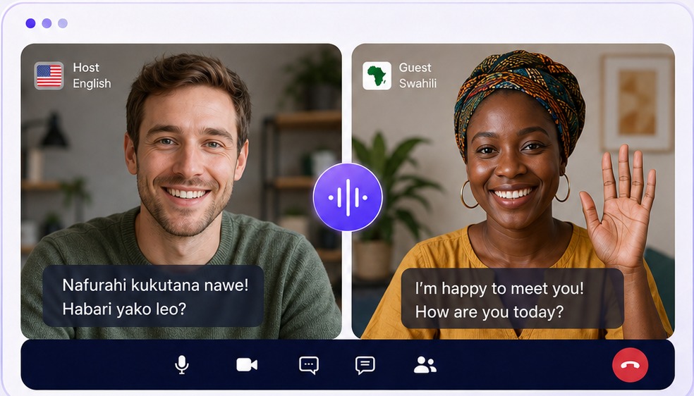 Uhura translated video conversation between an English-speaking Caucasian man and a Swahili-speaking African woman